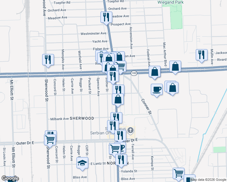 map of restaurants, bars, coffee shops, grocery stores, and more near 20411 Van Dyke St in Detroit