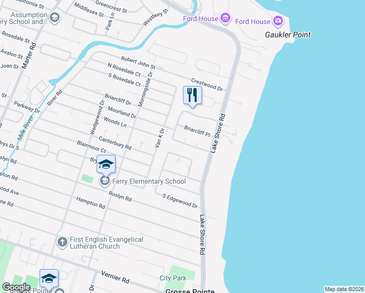map of restaurants, bars, coffee shops, grocery stores, and more near 55 Moorland Drive in Grosse Pointe Shores