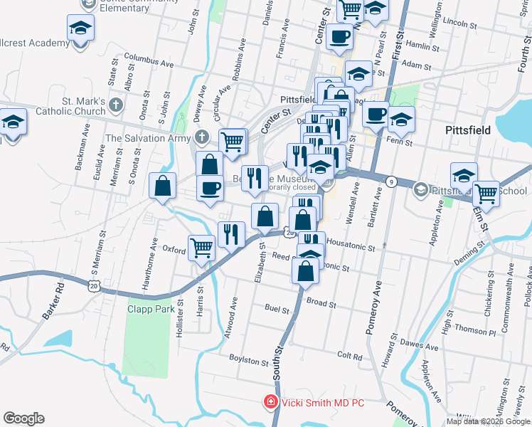 map of restaurants, bars, coffee shops, grocery stores, and more near 55 Church Street in Pittsfield
