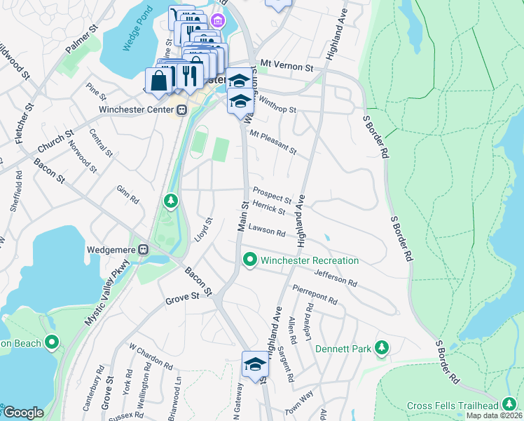 map of restaurants, bars, coffee shops, grocery stores, and more near 9 Prospect Street in Winchester