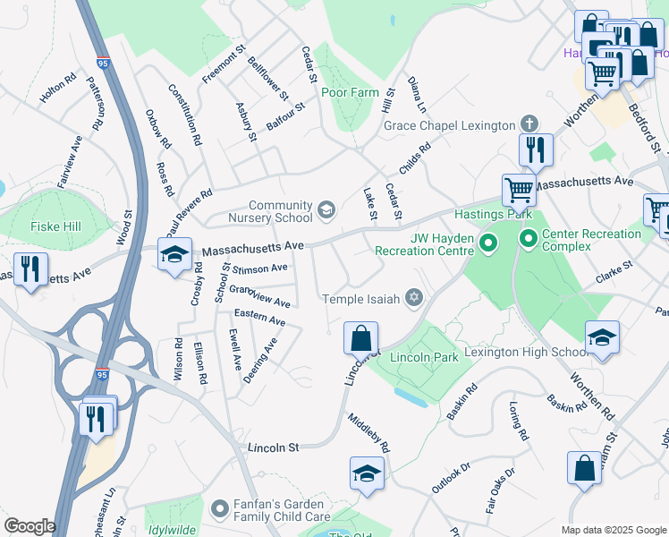 map of restaurants, bars, coffee shops, grocery stores, and more near 3 Aaron Road in Lexington