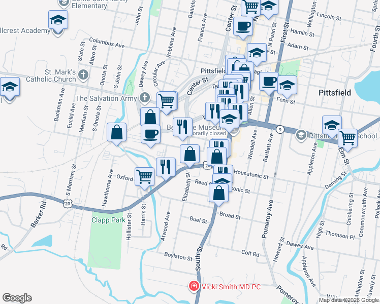 map of restaurants, bars, coffee shops, grocery stores, and more near 55 Church Street in Pittsfield