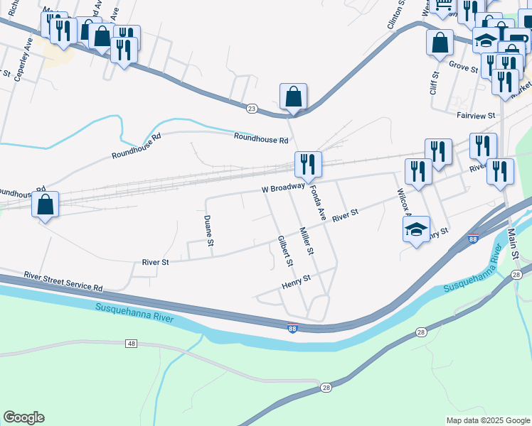 map of restaurants, bars, coffee shops, grocery stores, and more near 72 Gilbert St in Oneonta