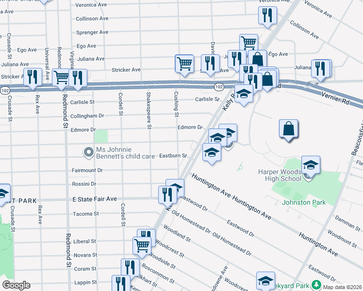 map of restaurants, bars, coffee shops, grocery stores, and more near 16835 Bringard Drive in Detroit