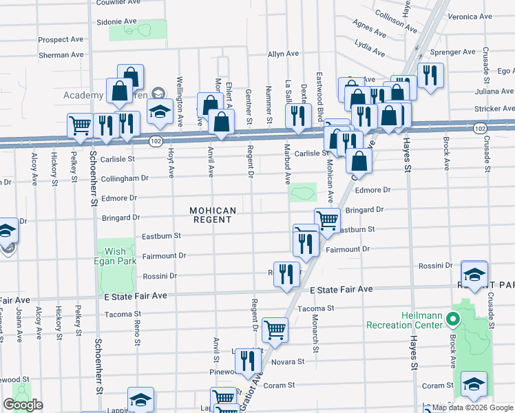 map of restaurants, bars, coffee shops, grocery stores, and more near 20248 Regent Drive in Detroit