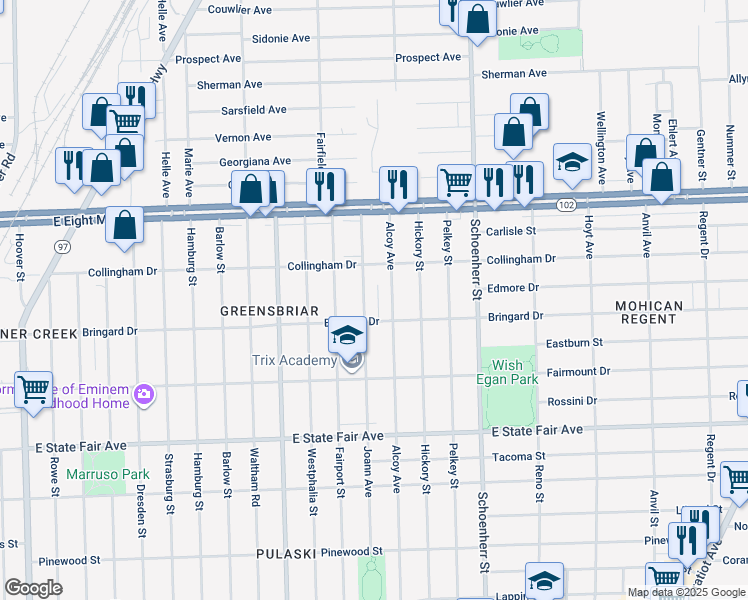 map of restaurants, bars, coffee shops, grocery stores, and more near 20291 Joann Avenue in Detroit