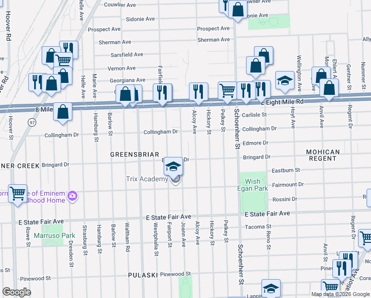 map of restaurants, bars, coffee shops, grocery stores, and more near 20291 Joann Avenue in Detroit