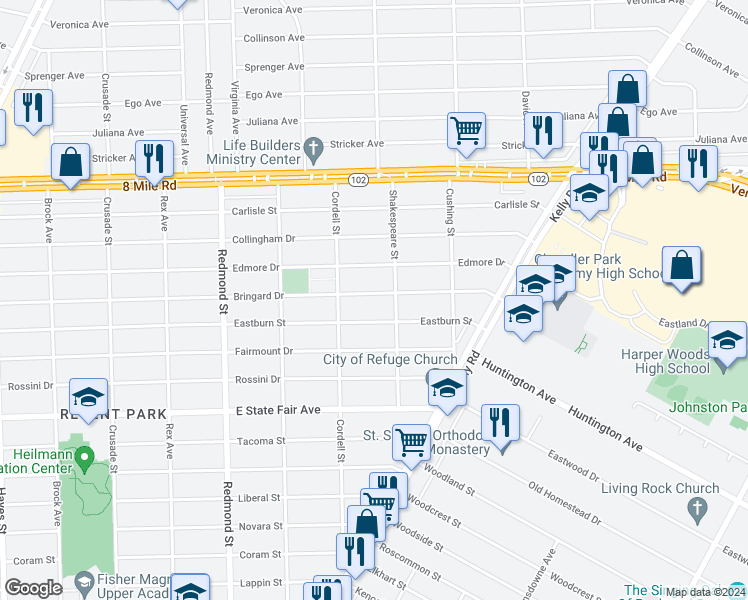 map of restaurants, bars, coffee shops, grocery stores, and more near 16468 Bringard Drive in Detroit