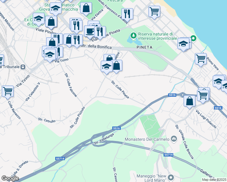 map of restaurants, bars, coffee shops, grocery stores, and more near 12 Via Lago di Martignano in Pescara