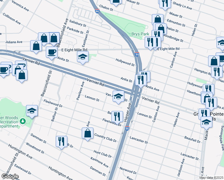 map of restaurants, bars, coffee shops, grocery stores, and more near 20525 Vernier Road in Harper Woods