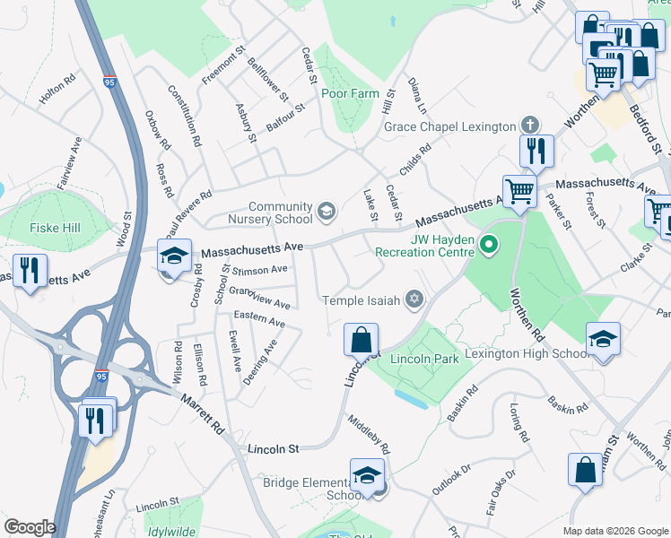 map of restaurants, bars, coffee shops, grocery stores, and more near 3 Aaron Road in Lexington