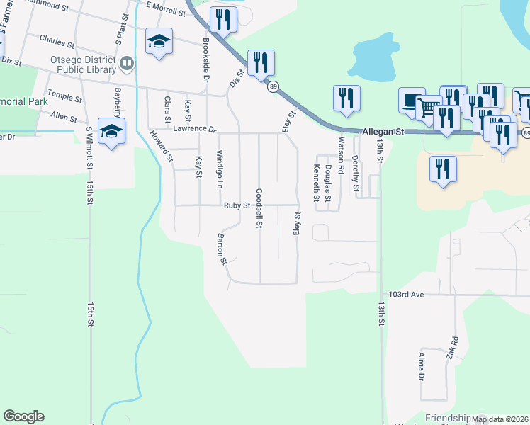map of restaurants, bars, coffee shops, grocery stores, and more near 901 Ruby Street in Otsego