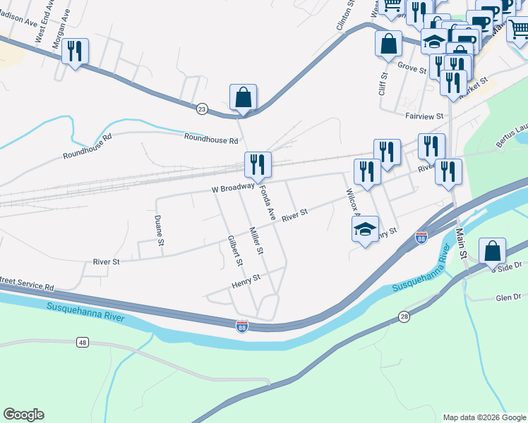 map of restaurants, bars, coffee shops, grocery stores, and more near 16 Fonda Avenue in Oneonta