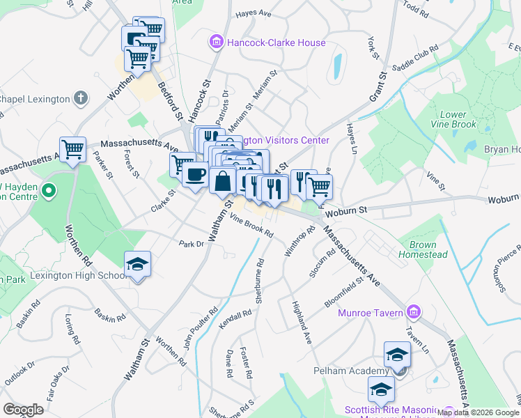 map of restaurants, bars, coffee shops, grocery stores, and more near 4 Grant Street in Lexington