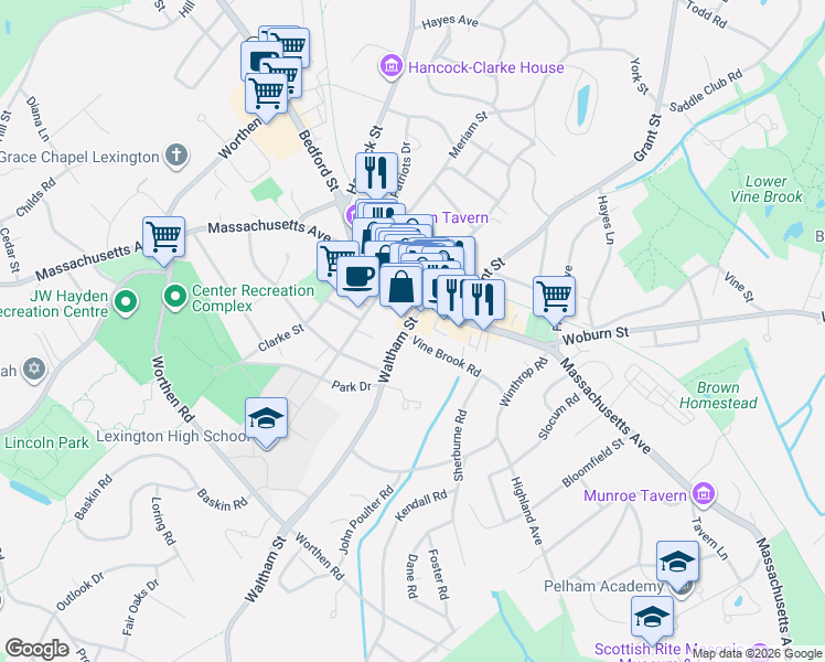 map of restaurants, bars, coffee shops, grocery stores, and more near 52A Waltham Street in Lexington