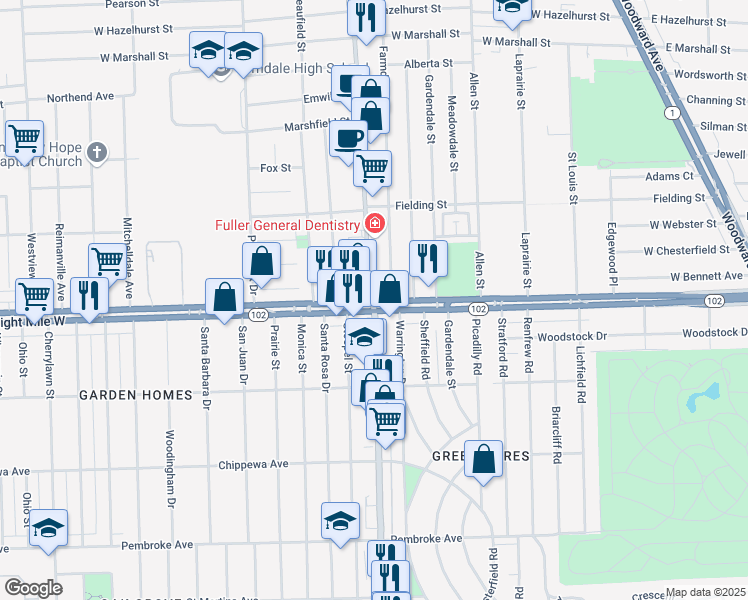 map of restaurants, bars, coffee shops, grocery stores, and more near 334 Livernois Street in Ferndale