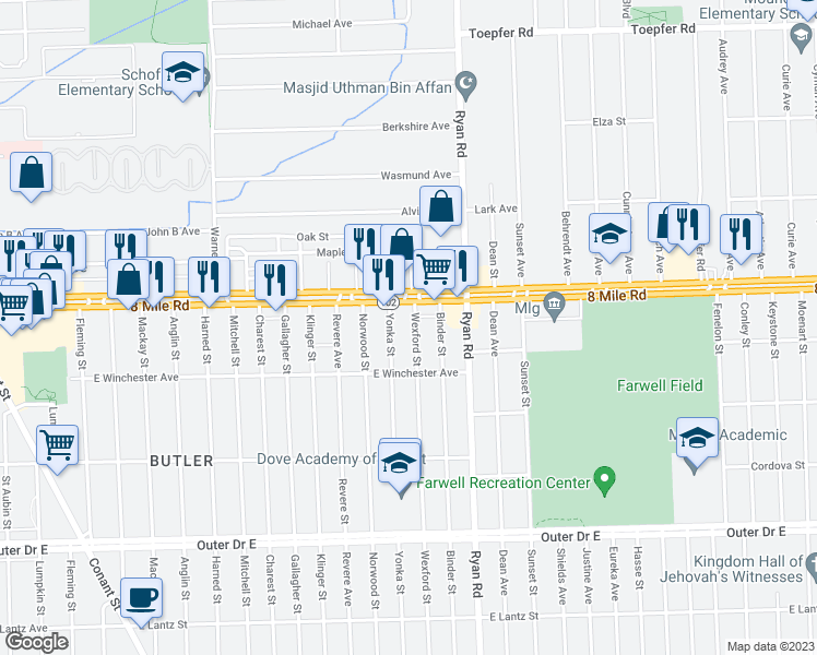 map of restaurants, bars, coffee shops, grocery stores, and more near 20493 Wexford Street in Detroit