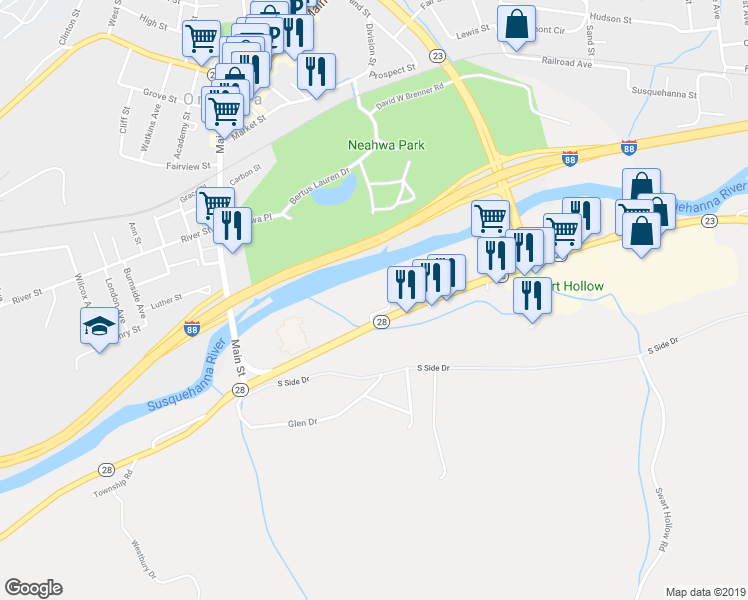 map of restaurants, bars, coffee shops, grocery stores, and more near 705 New York 28 in Oneonta