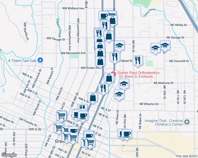 map of restaurants, bars, coffee shops, grocery stores, and more near 850 Northwest 6th Street in Grants Pass