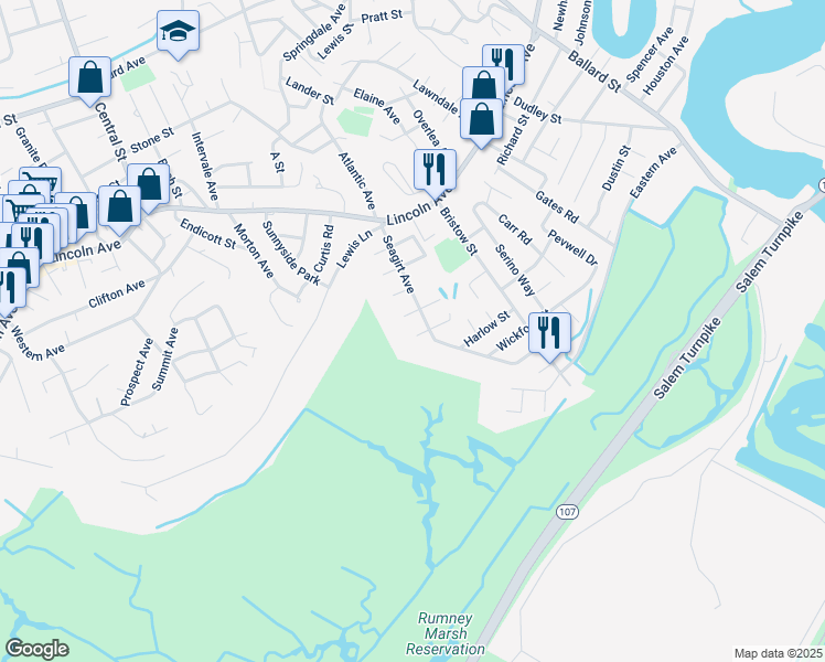 map of restaurants, bars, coffee shops, grocery stores, and more near 37 Seagirt Avenue in Saugus