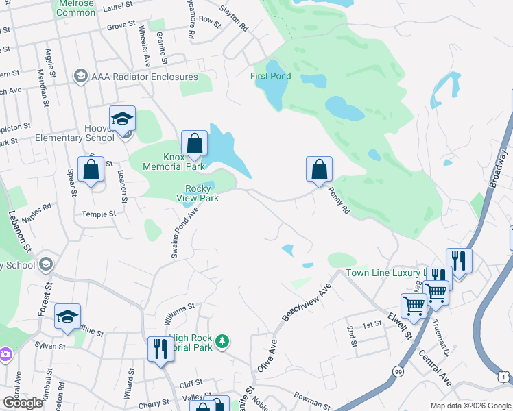 map of restaurants, bars, coffee shops, grocery stores, and more near 17 Penny Road in Melrose