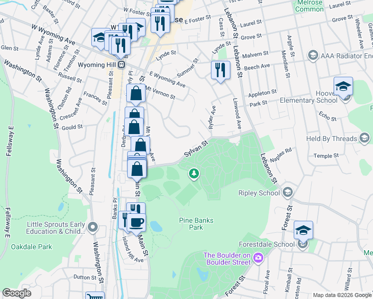 map of restaurants, bars, coffee shops, grocery stores, and more near 107 Boston Rock Road in Melrose