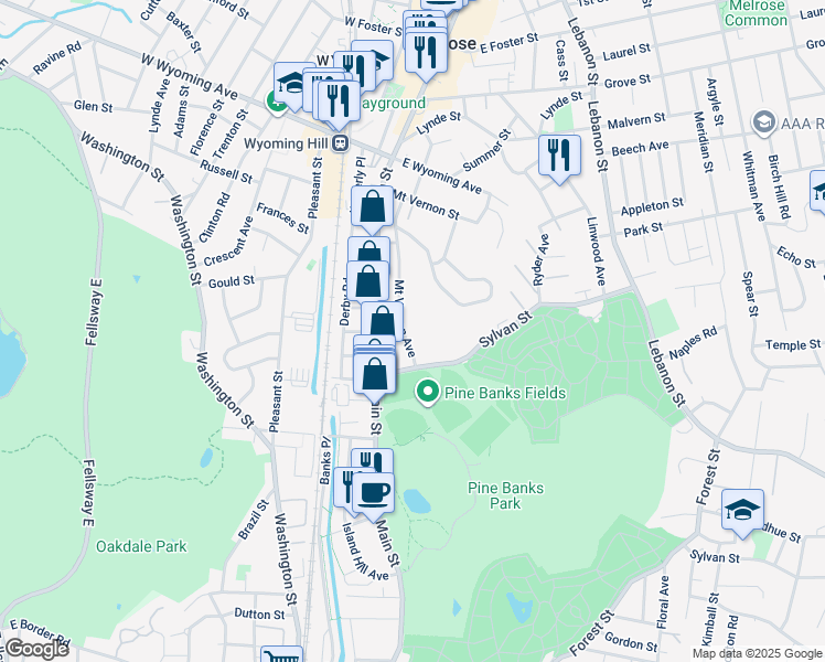 map of restaurants, bars, coffee shops, grocery stores, and more near 55 Mount Vernon Avenue in Melrose