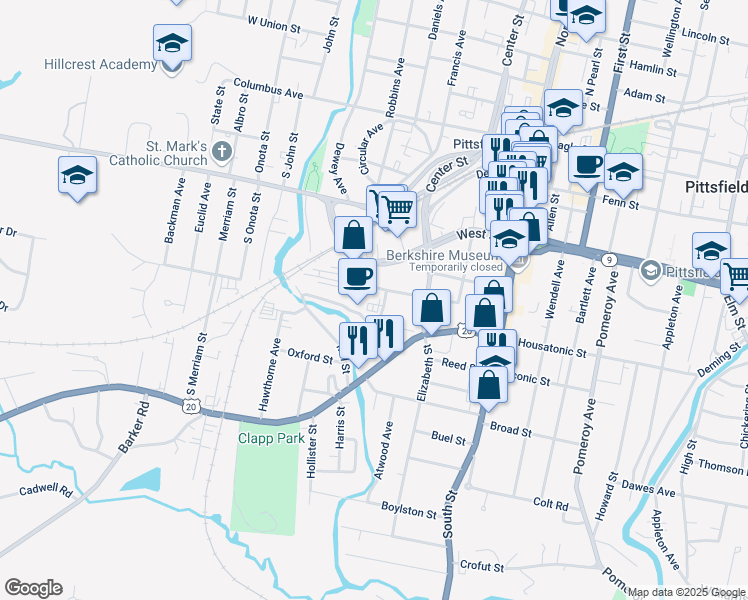 map of restaurants, bars, coffee shops, grocery stores, and more near in Pittsfield