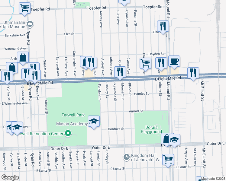 map of restaurants, bars, coffee shops, grocery stores, and more near 20561 Keystone Street in Detroit