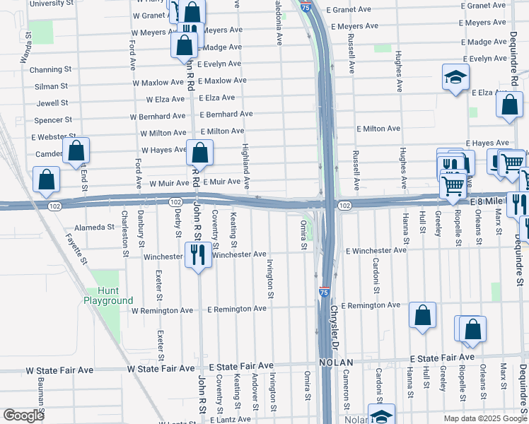 map of restaurants, bars, coffee shops, grocery stores, and more near 601 East 8 Mile Road in Hazel Park