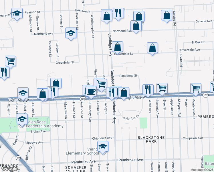 map of restaurants, bars, coffee shops, grocery stores, and more near 20801 Ridgedale Street in Oak Park