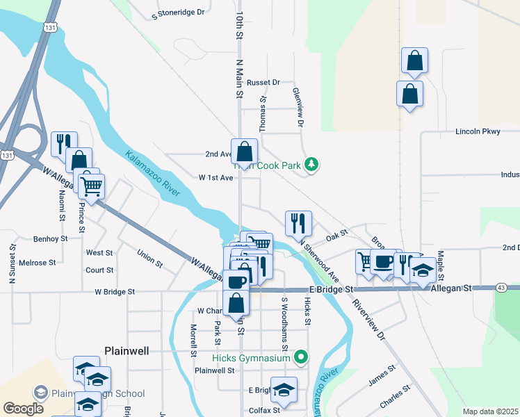 map of restaurants, bars, coffee shops, grocery stores, and more near 310 Thomas Street in Plainwell