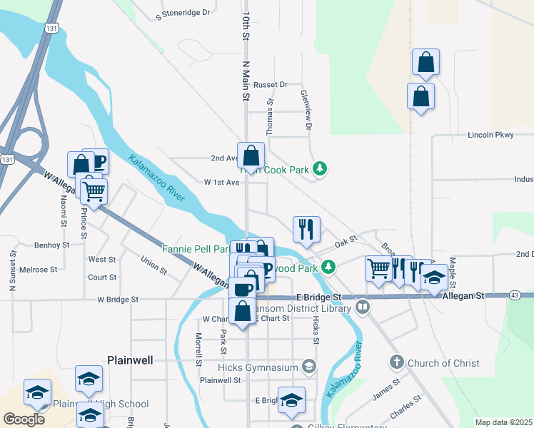 map of restaurants, bars, coffee shops, grocery stores, and more near 310 Thomas Street in Plainwell
