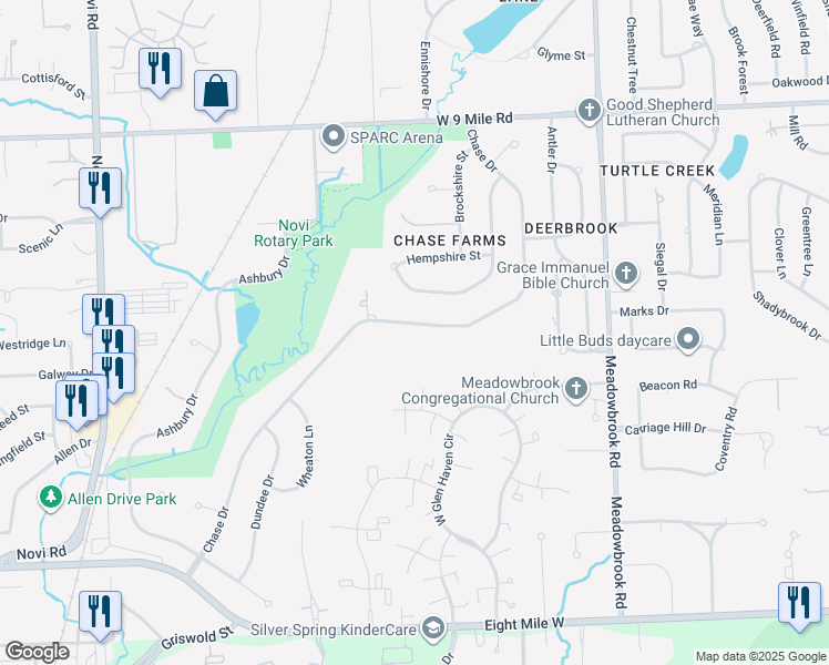 map of restaurants, bars, coffee shops, grocery stores, and more near 21685 Chase Drive in Novi