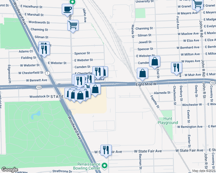 map of restaurants, bars, coffee shops, grocery stores, and more near 923 Michigan 102 in Detroit
