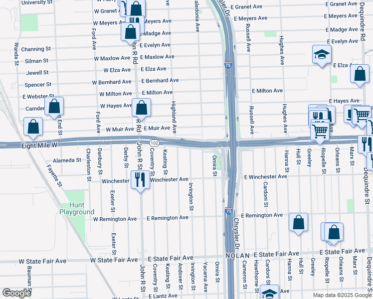 map of restaurants, bars, coffee shops, grocery stores, and more near 601 East 8 Mile Road in Hazel Park