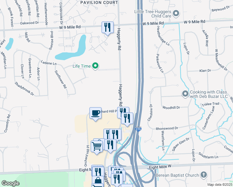 map of restaurants, bars, coffee shops, grocery stores, and more near 21625 Haggerty Road in Novi