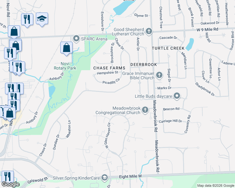 map of restaurants, bars, coffee shops, grocery stores, and more near 21904 Chase Drive in Novi
