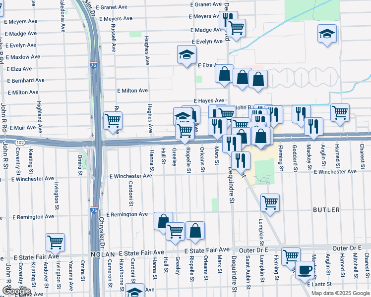 map of restaurants, bars, coffee shops, grocery stores, and more near 1638 8 Mile Road in Highland Park