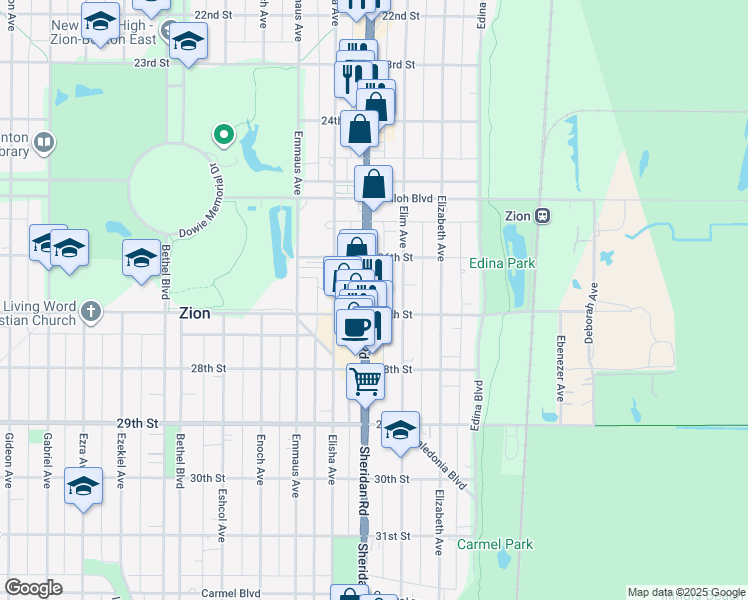 map of restaurants, bars, coffee shops, grocery stores, and more near 2647 Sheridan Road in Zion