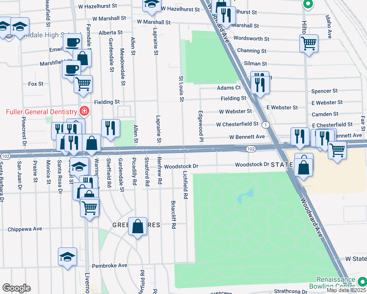 map of restaurants, bars, coffee shops, grocery stores, and more near 68 Saint Louis Street in Ferndale