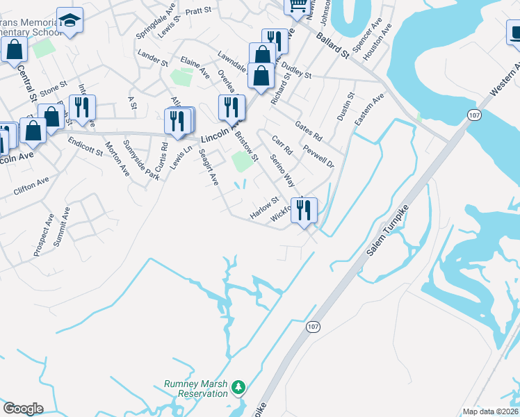 map of restaurants, bars, coffee shops, grocery stores, and more near 19 Harlow Street in Saugus