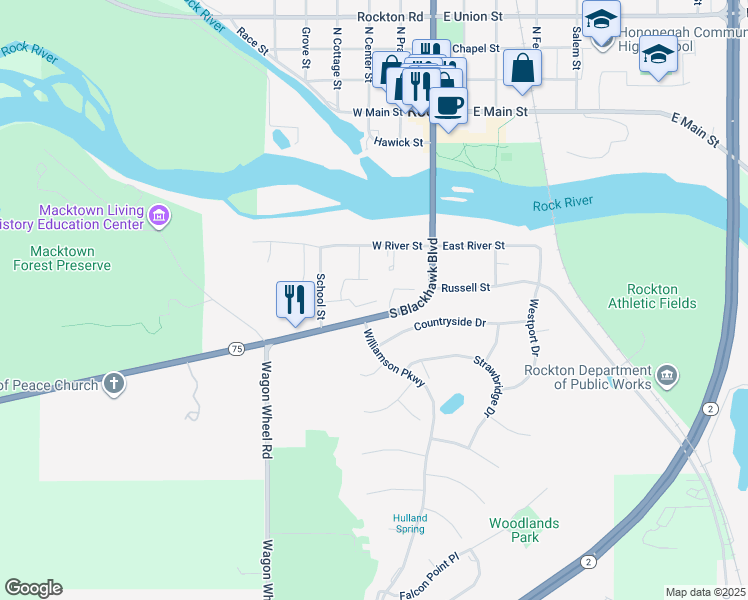 map of restaurants, bars, coffee shops, grocery stores, and more near 411 Village Wood Lane in Rockton