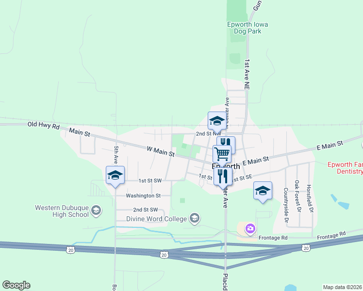 map of restaurants, bars, coffee shops, grocery stores, and more near 310 West Main Street in Epworth