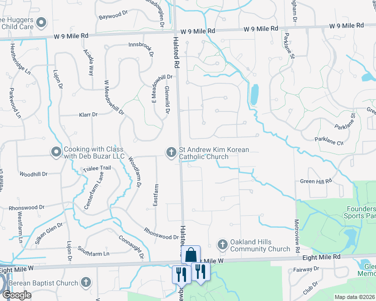 map of restaurants, bars, coffee shops, grocery stores, and more near 37235 Aspen Drive in Farmington Hills