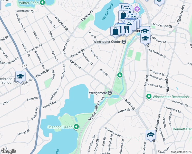 map of restaurants, bars, coffee shops, grocery stores, and more near 59 Bacon Street in Winchester