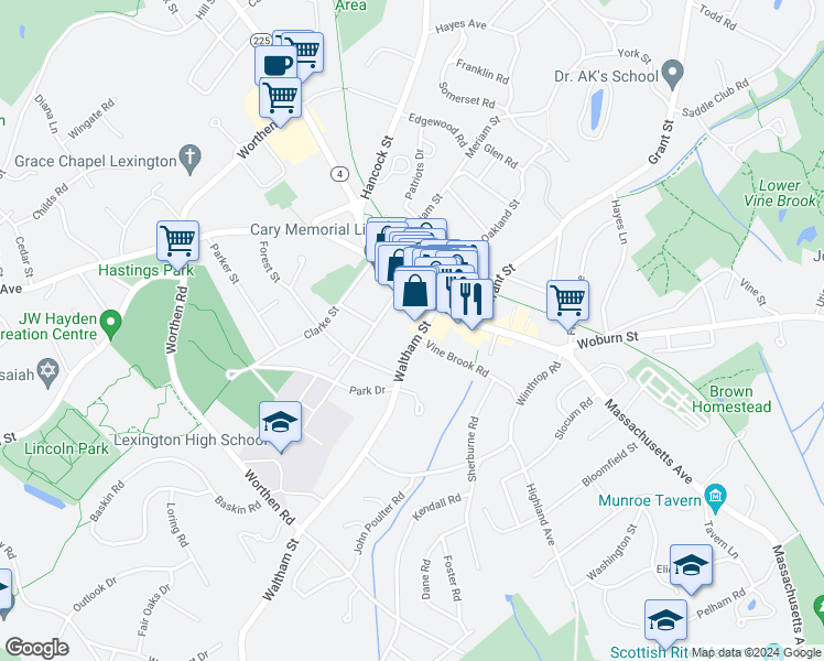 map of restaurants, bars, coffee shops, grocery stores, and more near 59 Waltham Street in Lexington