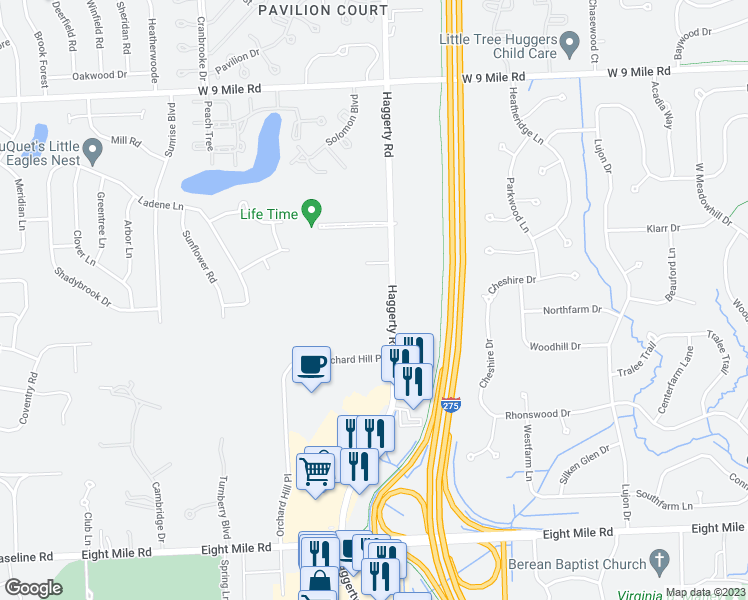 map of restaurants, bars, coffee shops, grocery stores, and more near 21555 Haggerty Road in Novi