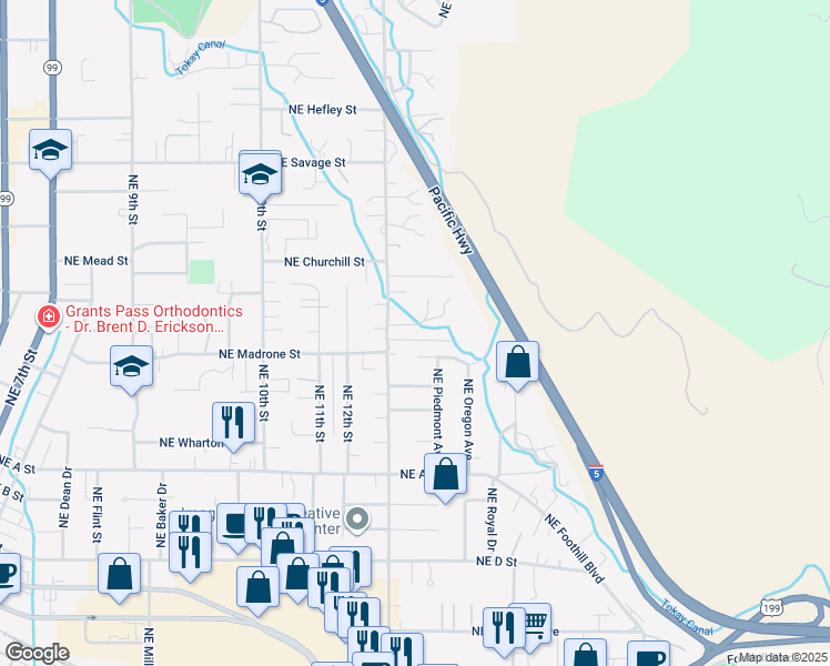 map of restaurants, bars, coffee shops, grocery stores, and more near 1438 Northeast Sherman Lane in Grants Pass