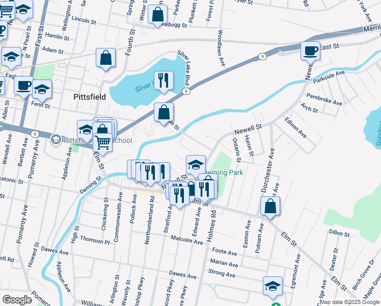 map of restaurants, bars, coffee shops, grocery stores, and more near 8 Ashley Street in Pittsfield